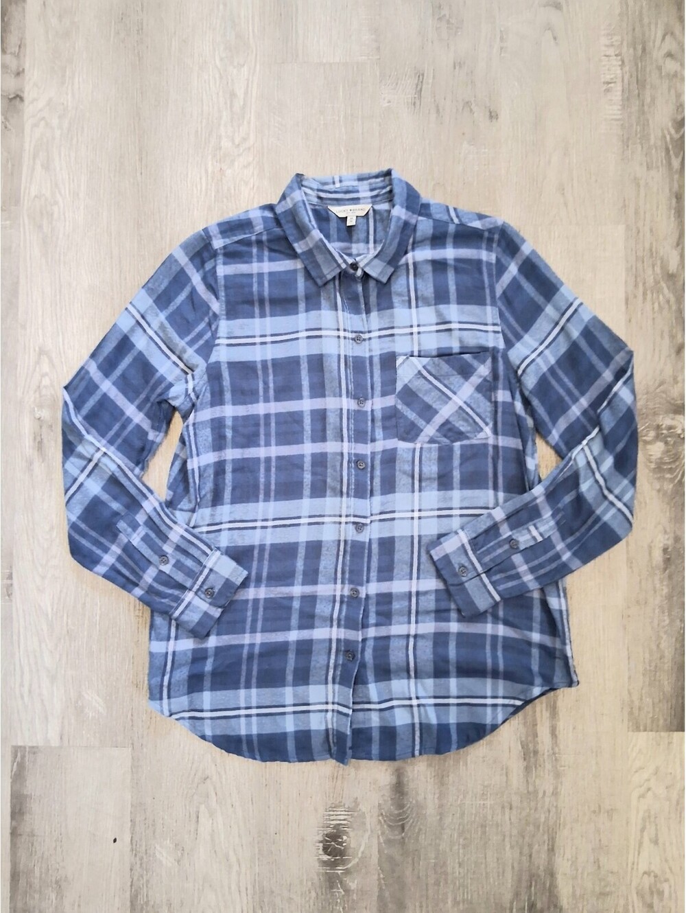 Lucky Brand Woman's M, Blue Plaid Long Sleeve Casual Button Up Shirt Blouse
